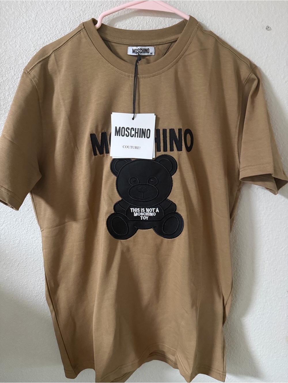 Moschino Kids Tan Short Sleeve Tee with Black Teddy Logo